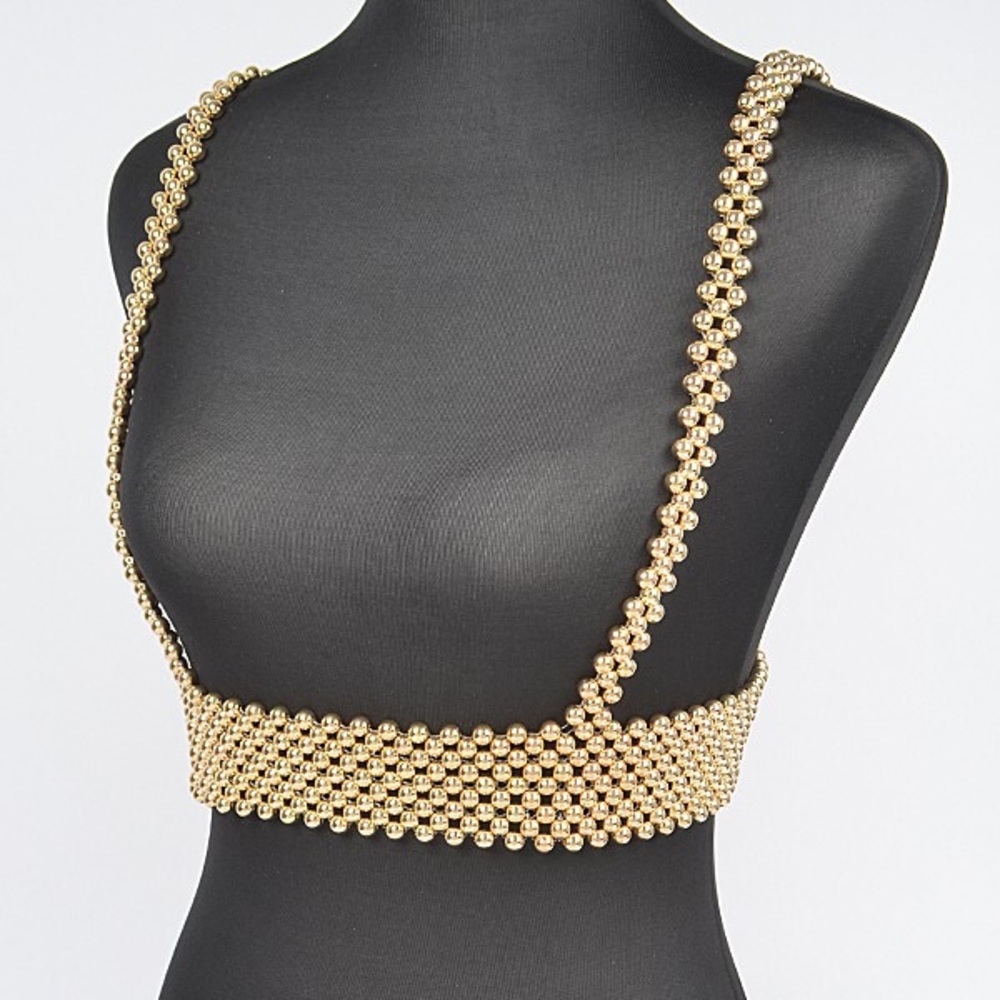 Gold Metallic Body Chain Harness Suspenders Statement Belt - Picture 2 of 3